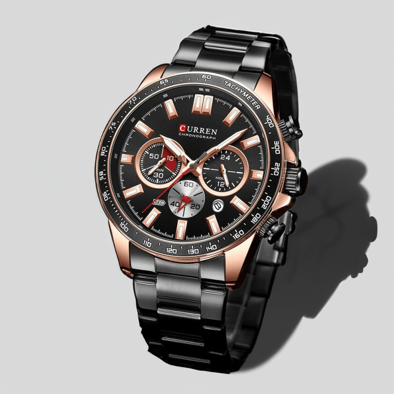 Montre chronographe homme acier à cadran noir et lunette or rose