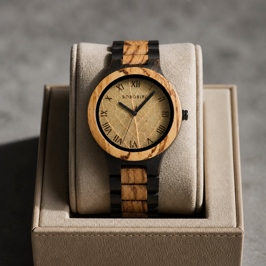 Montre en bois à cadran feuille beige posée dans son écrin en cuir beige