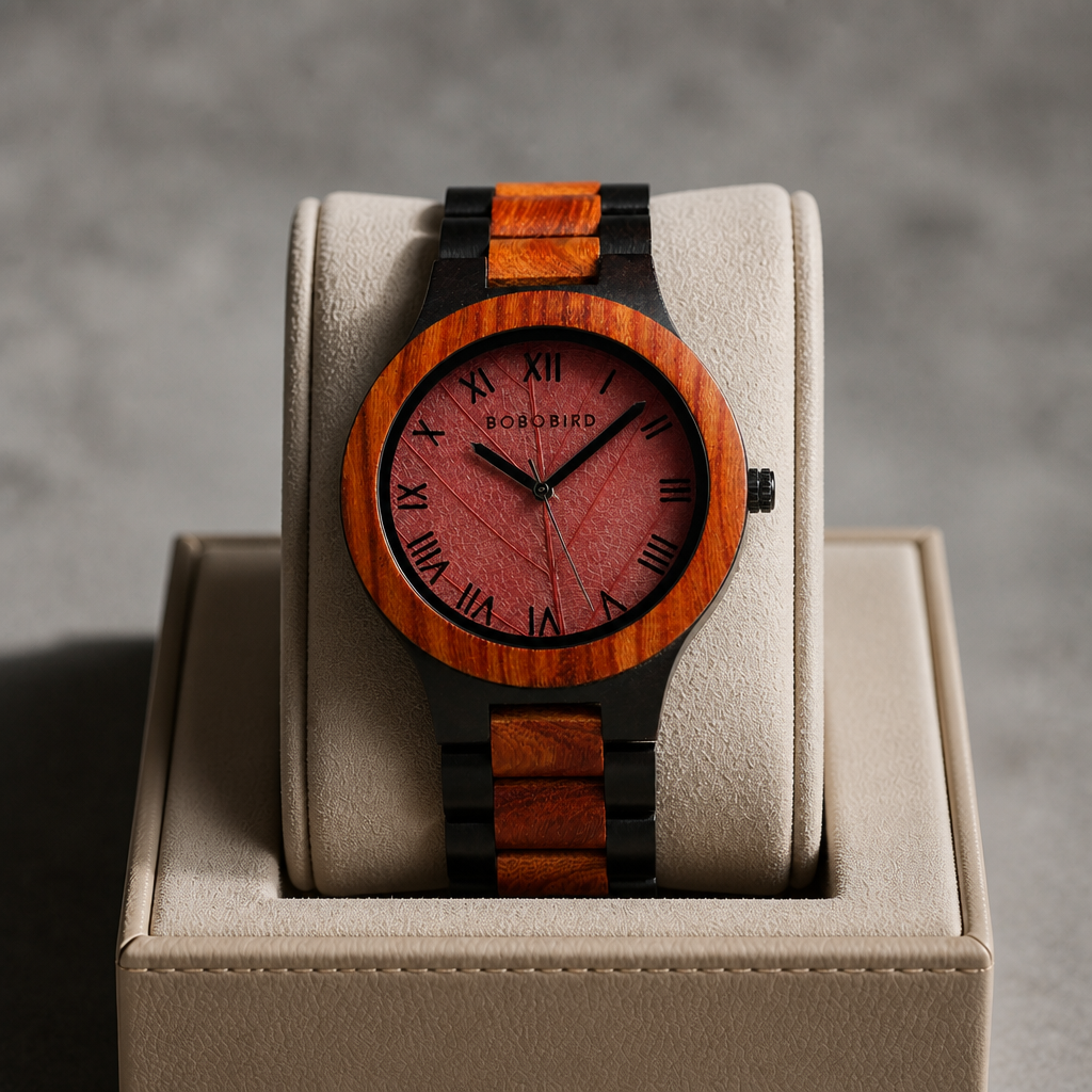 Montre en bois à cadran feuille rose posée dans son écrin en cuir beige