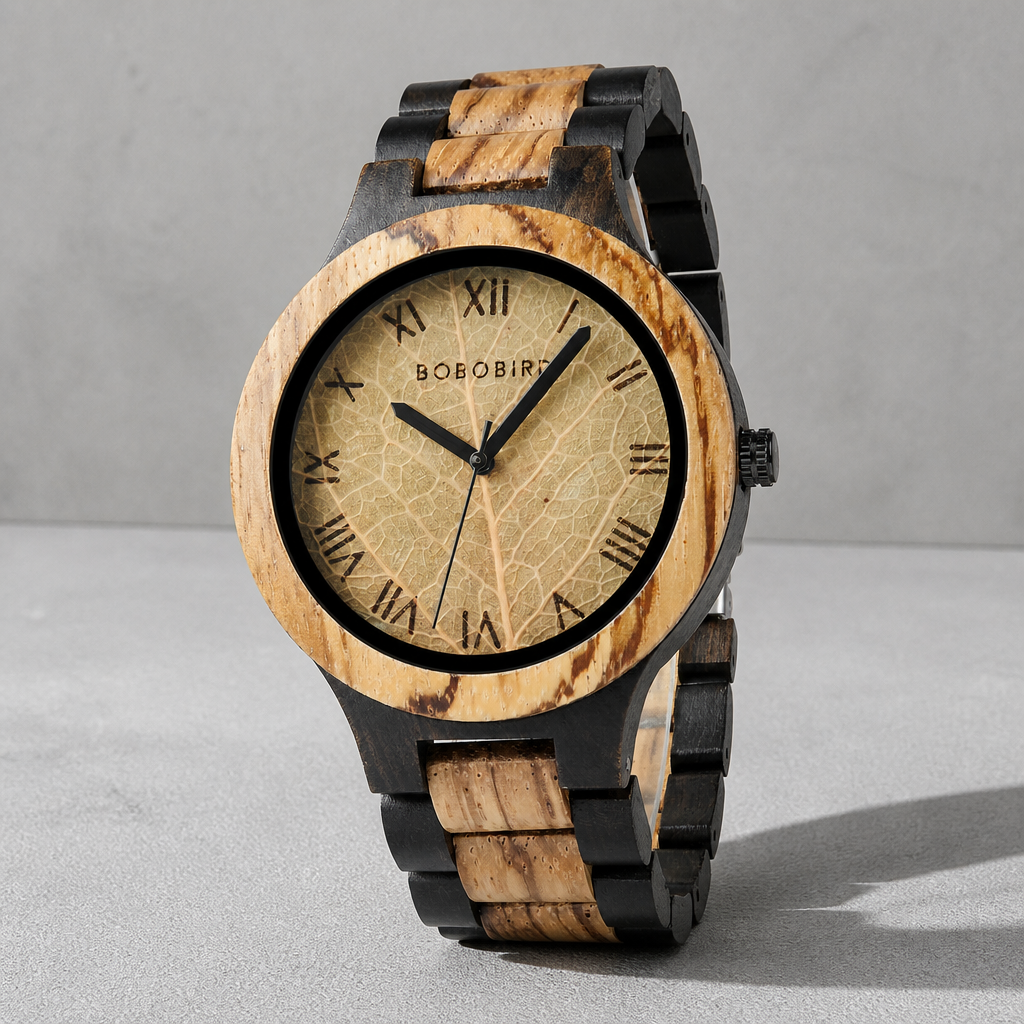 Montre en bois artisanale à cadran feuille beige sur bois zébrano