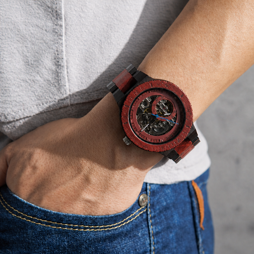 Montre en bois automatique ébène et santal rouge portée au poignet d'un homme