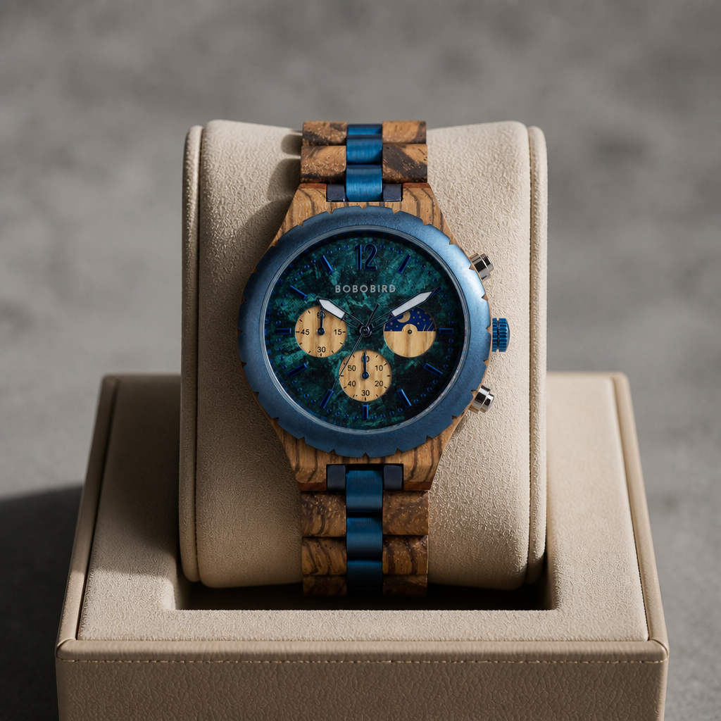 Montre en bois et bleu posée dans un écrin en cuir beige