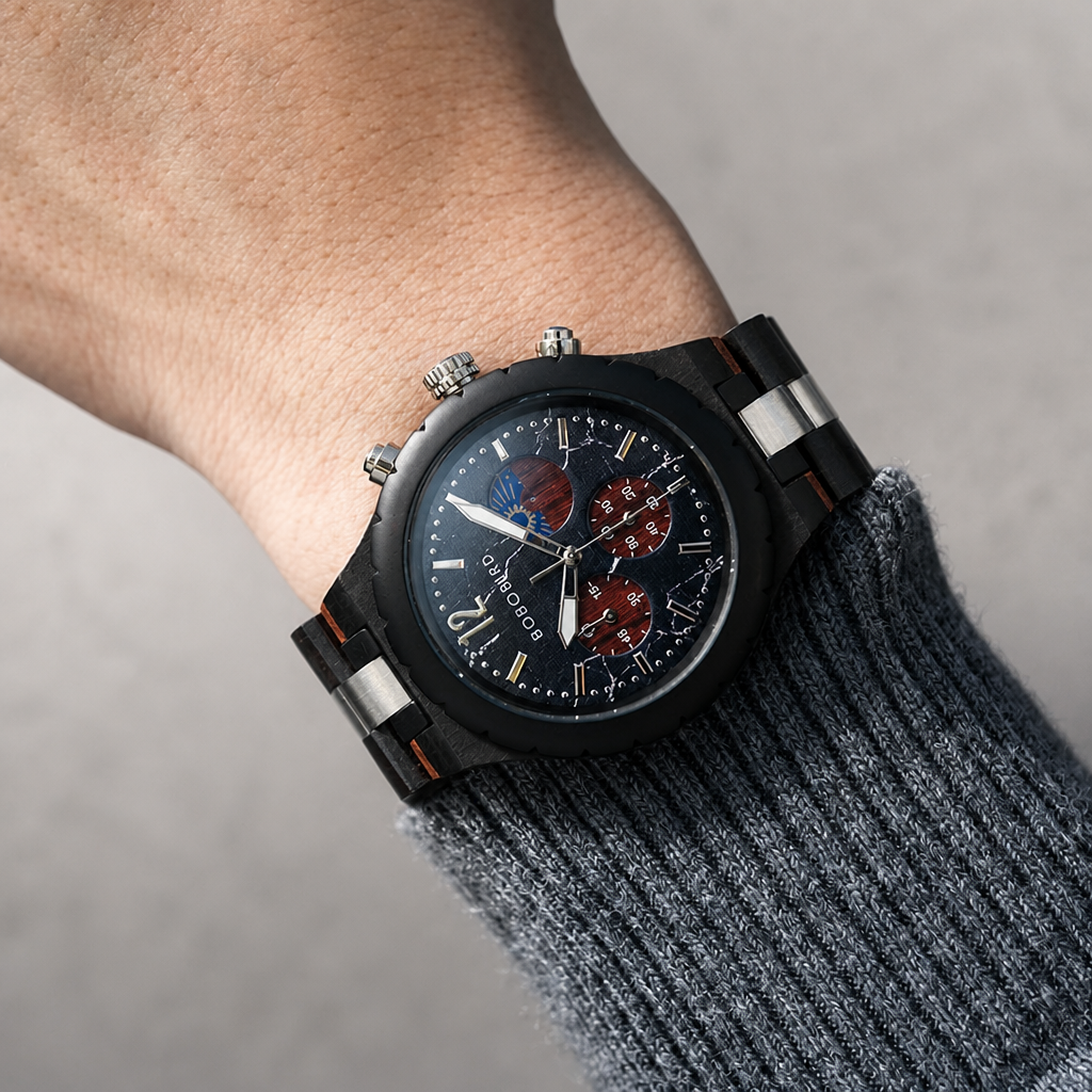Montre en bois d'ébène et acier portée au poignet sous une manche en maille