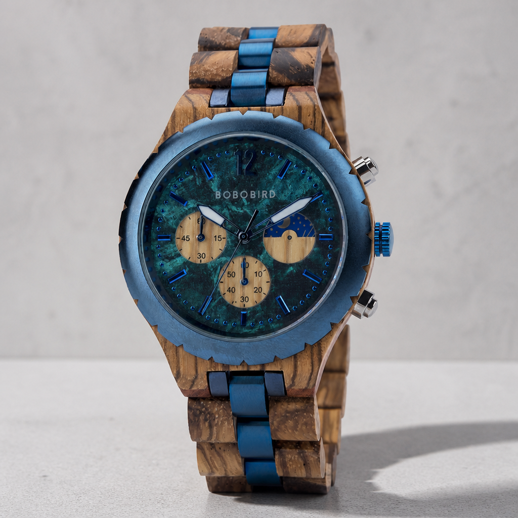 Montre chronographe en bois zébrano et bleu, cadran vert émeraude et trois compteurs