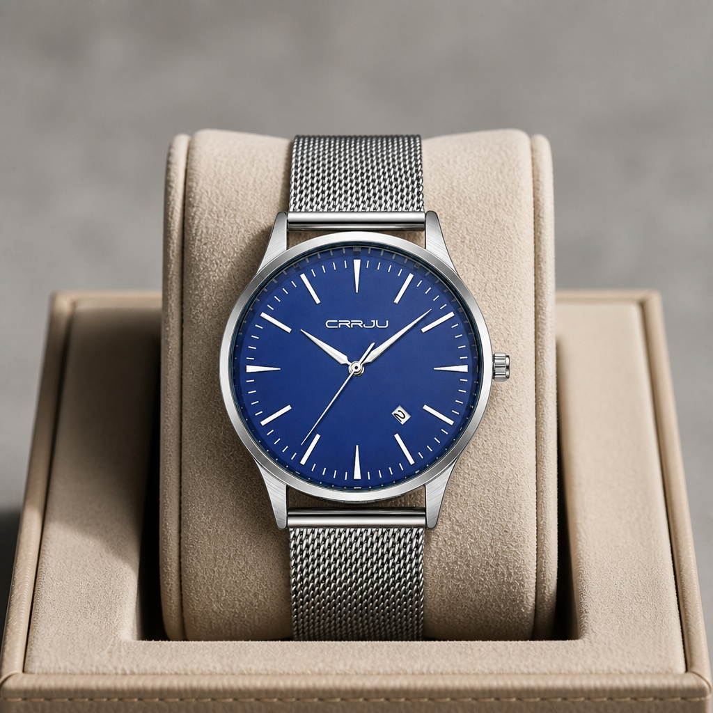Montre fine homme à cadran bleu posée dans son écrin en cuir beige