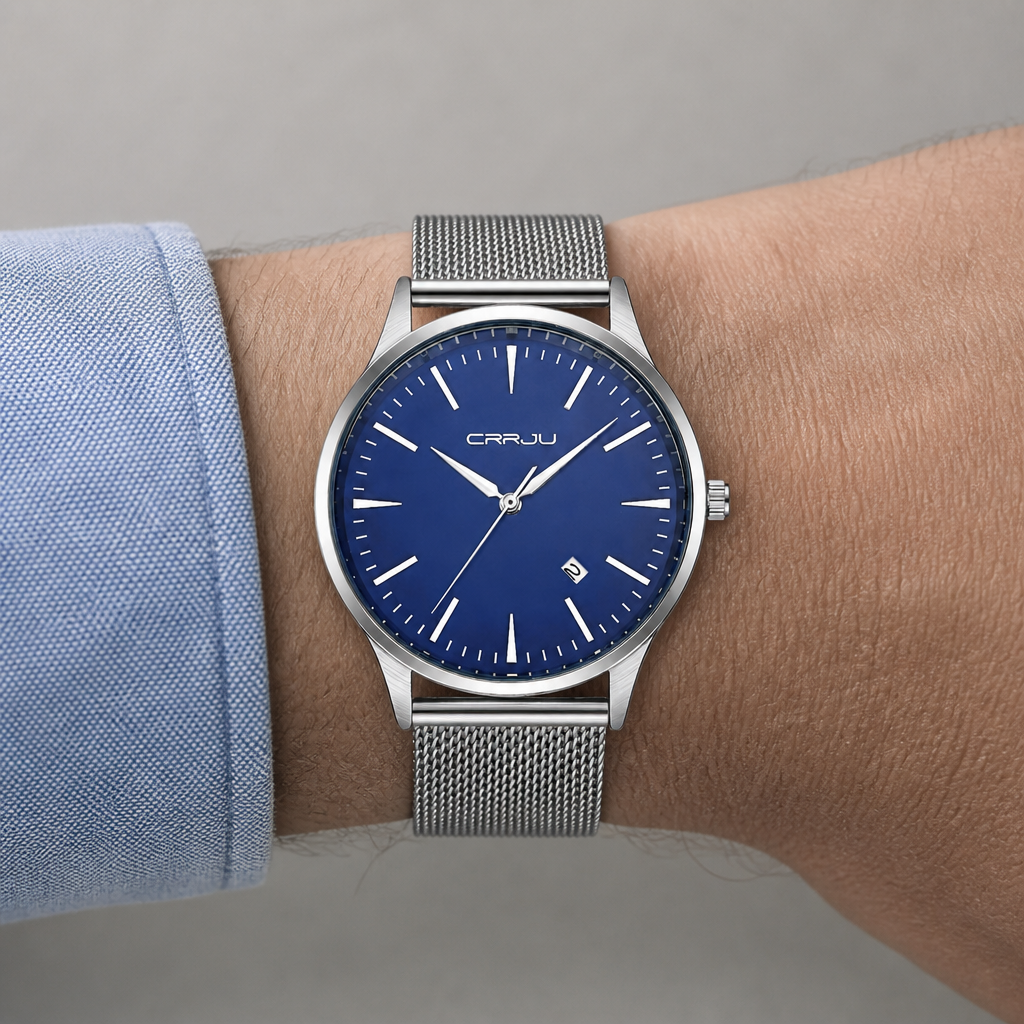 Montre fine homme portée au poignet, cadran bleu et maille milanaise acier