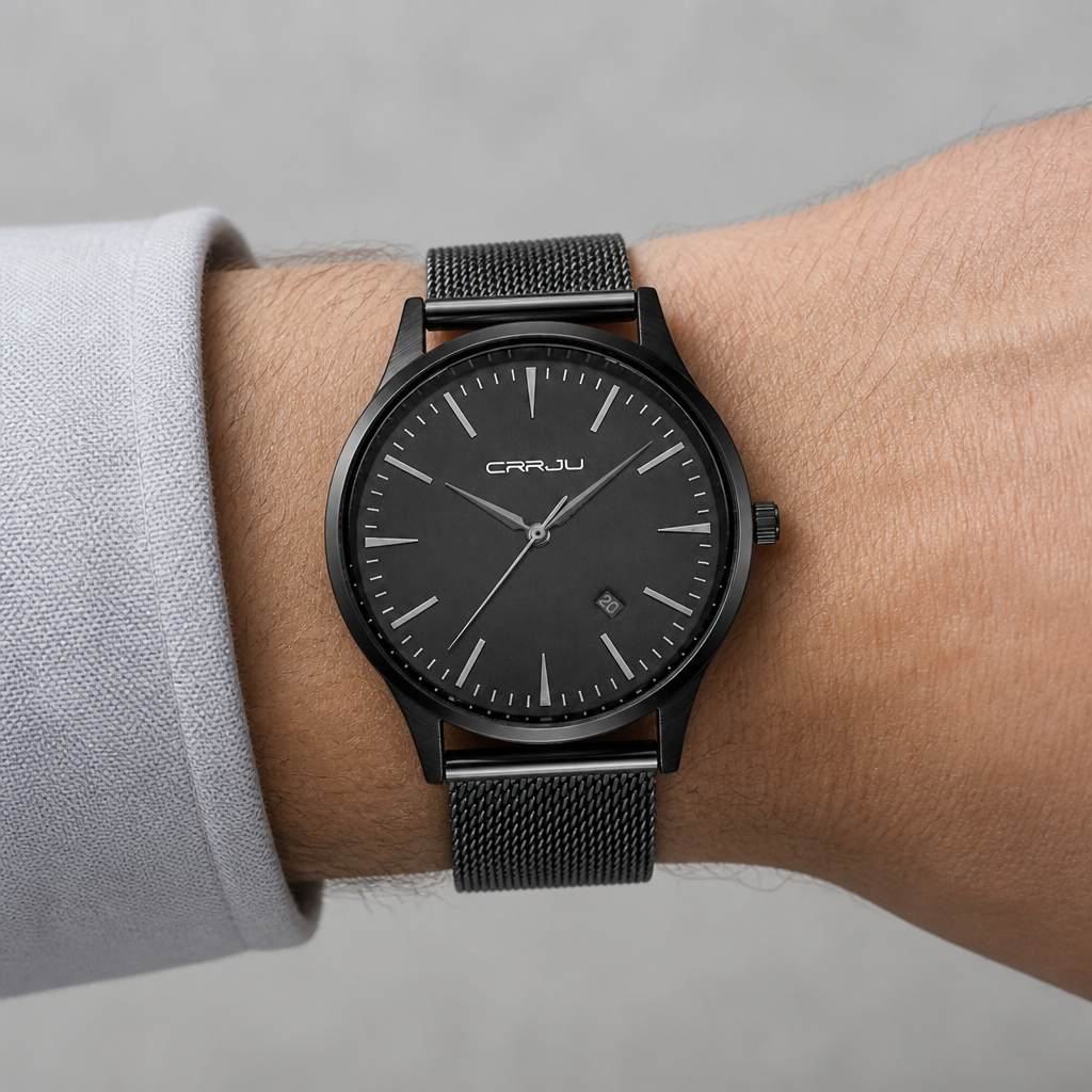 Montre fine homme portée au poignet, cadran et maille milanaise noirs