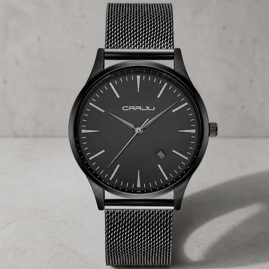 Montre fine homme noire en acier, bracelet maille milanaise