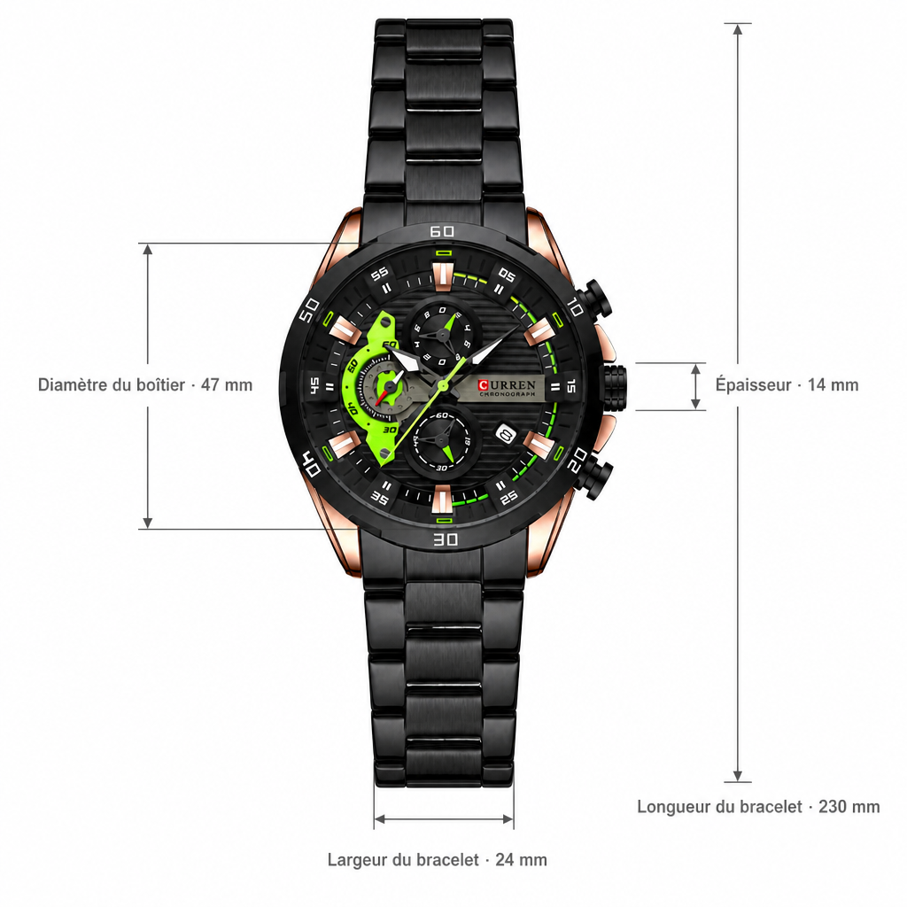 Schéma coté de la montre homme chronographe : diamètre et épaisseur du boîtier, largeur et longueur du bracelet