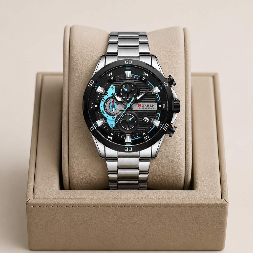 Montre homme chronographe argent posée dans son écrin en cuir beige