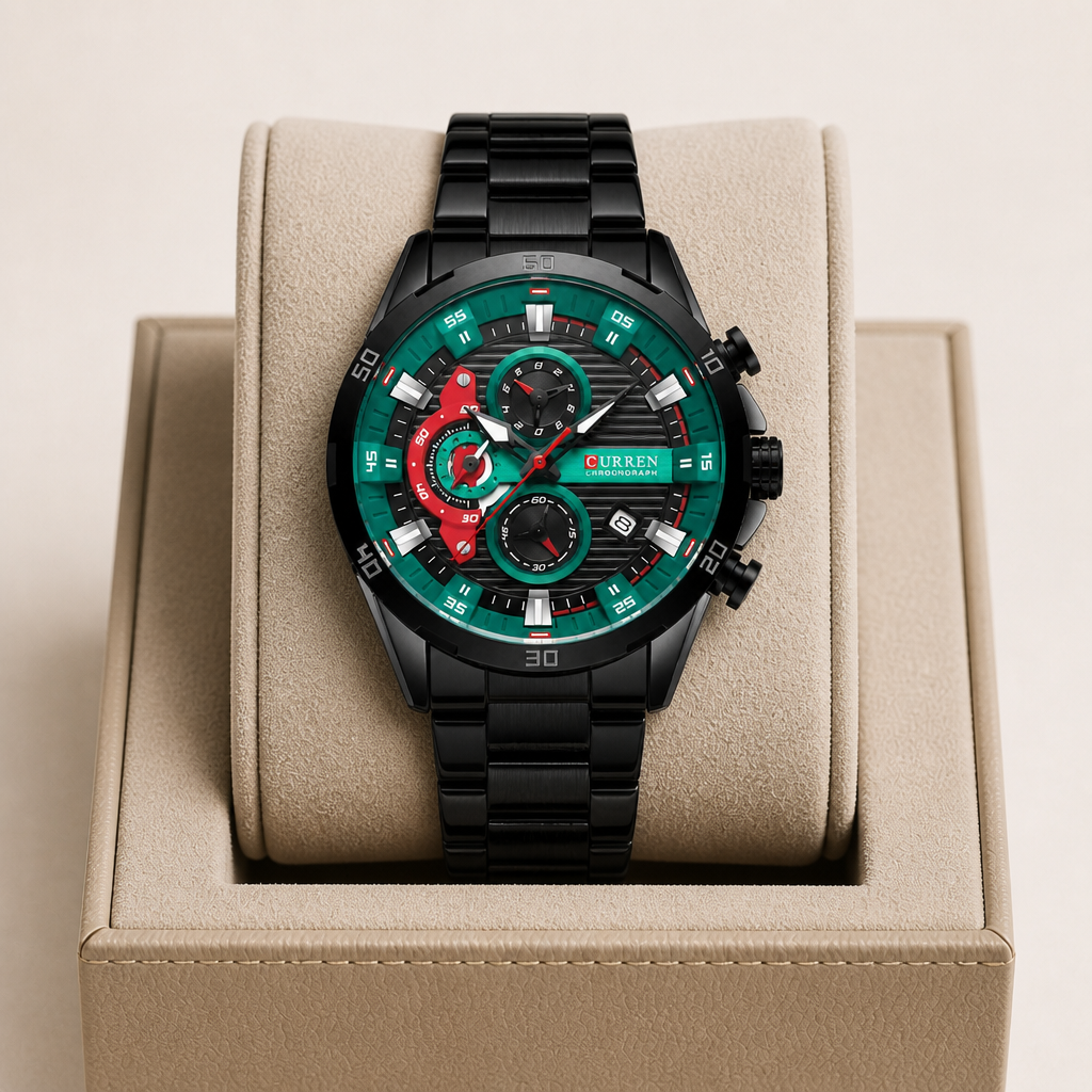 Montre homme chronographe cadran vert course posée dans son écrin en cuir beige