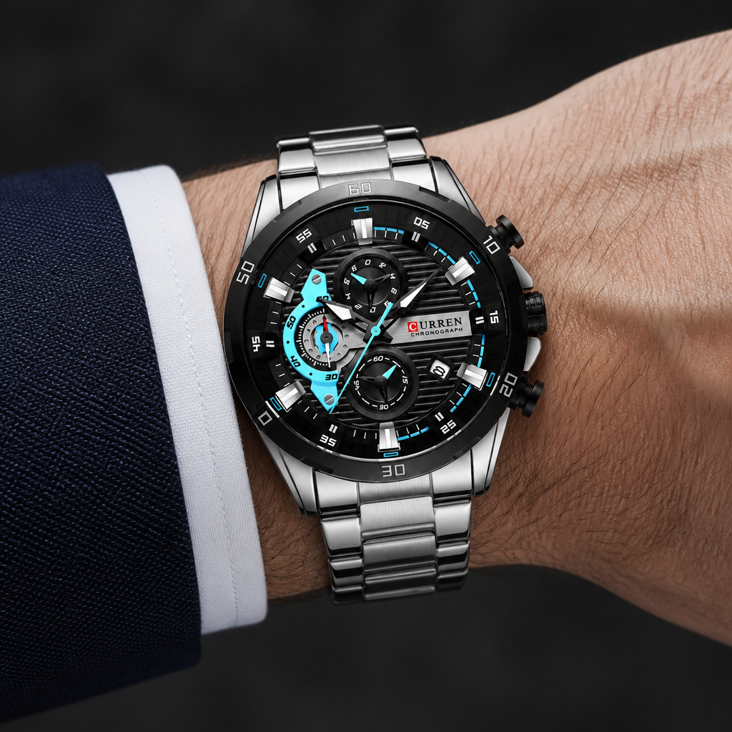 Montre homme chronographe acier argent à accents bleus portée au poignet