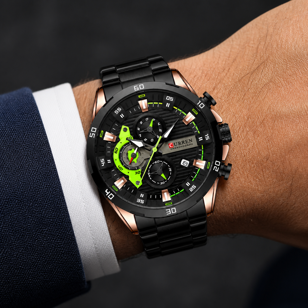 Montre homme chronographe acier noire et or rose portée au poignet sous une manchette de chemise