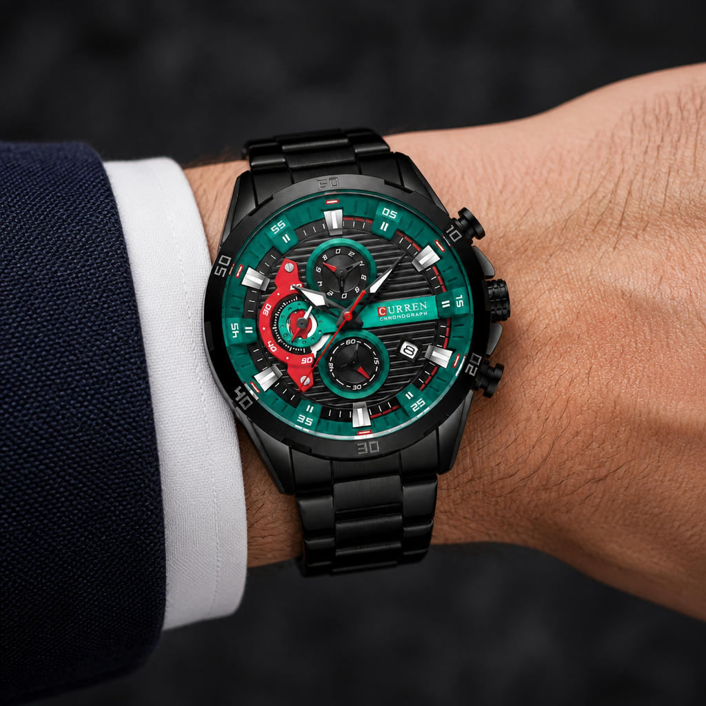 Montre homme chronographe acier cadran vert course portée au poignet
