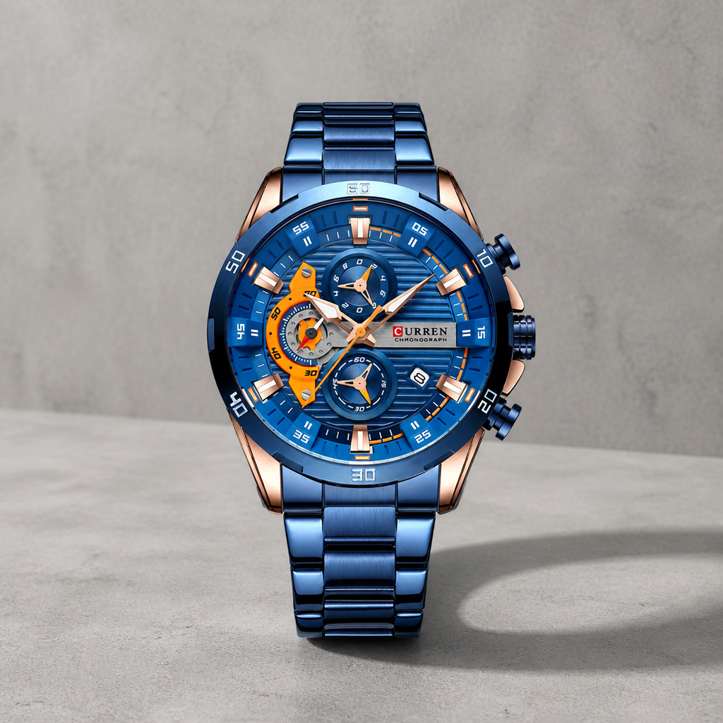 Montre homme chronographe acier bleu profond sur dalle de béton