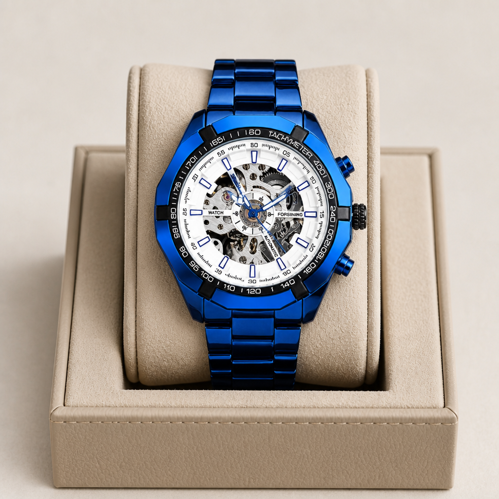 Montre homme squelette bleue à cadran blanc posée dans son écrin en cuir beige
