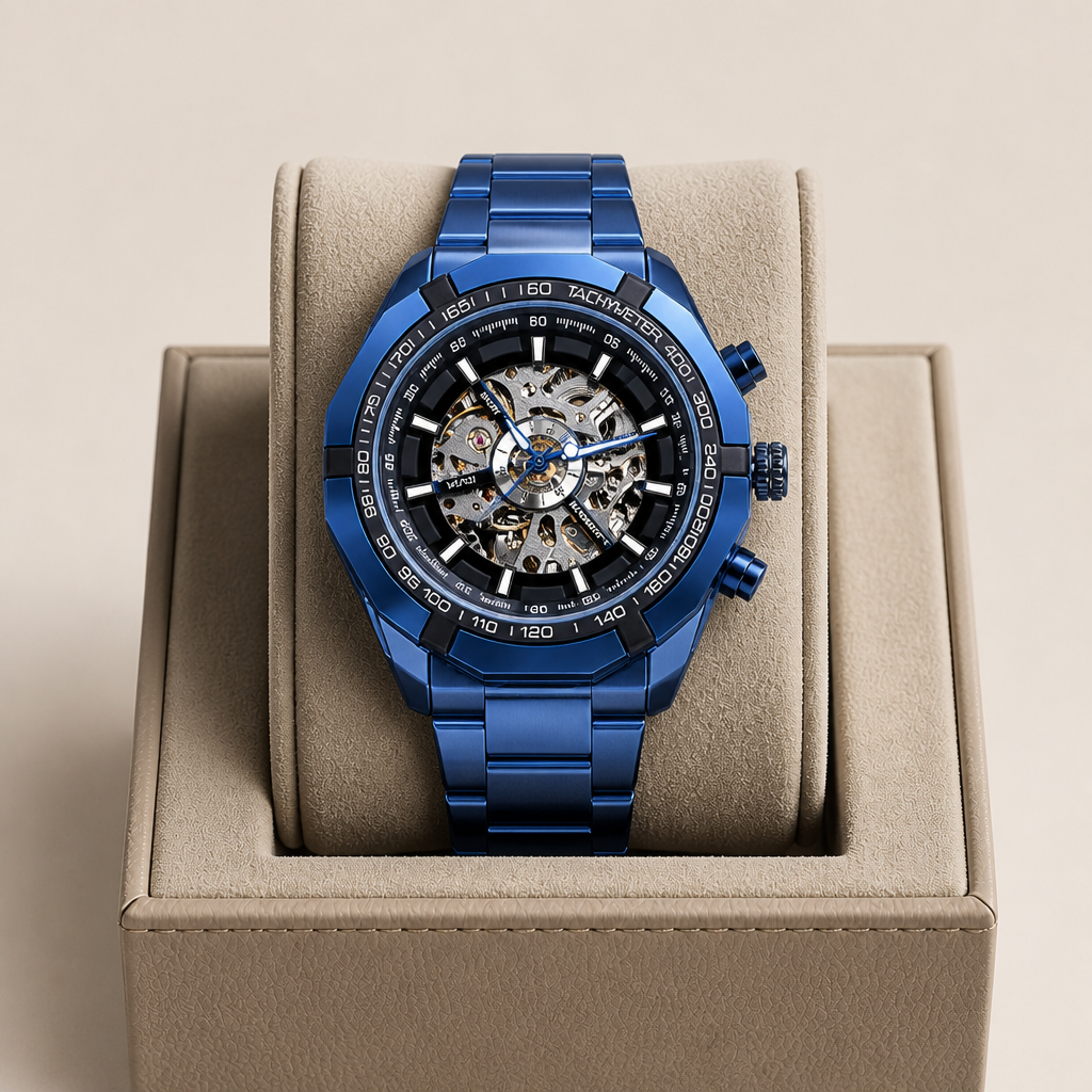 Montre homme squelette bleue à cadran noir posée dans son écrin en cuir beige