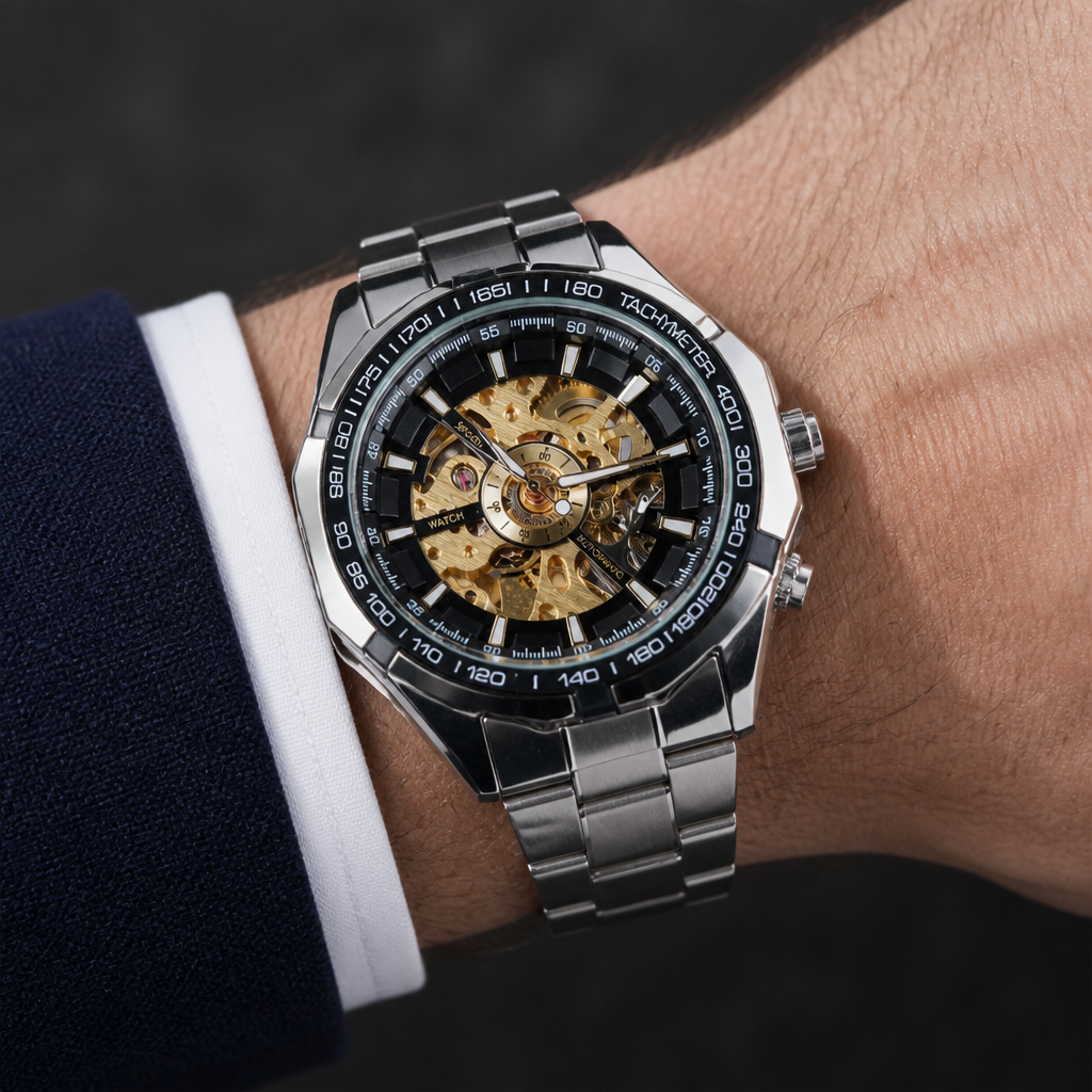 Montre homme squelette automatique argent à cadran or portée au poignet