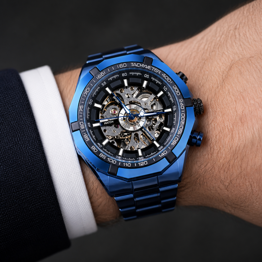 Montre homme squelette automatique bleue à cadran noir portée au poignet