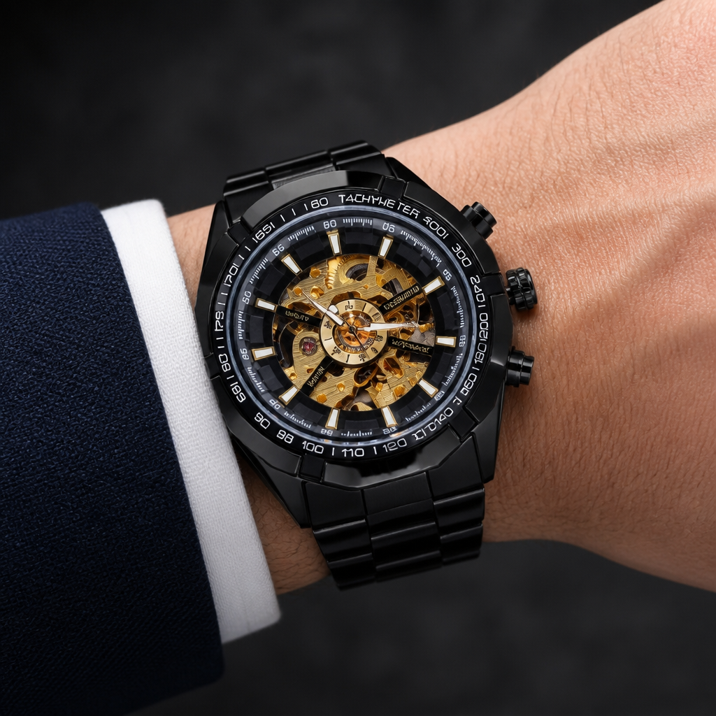 Montre homme squelette automatique noire à cadran or portée au poignet