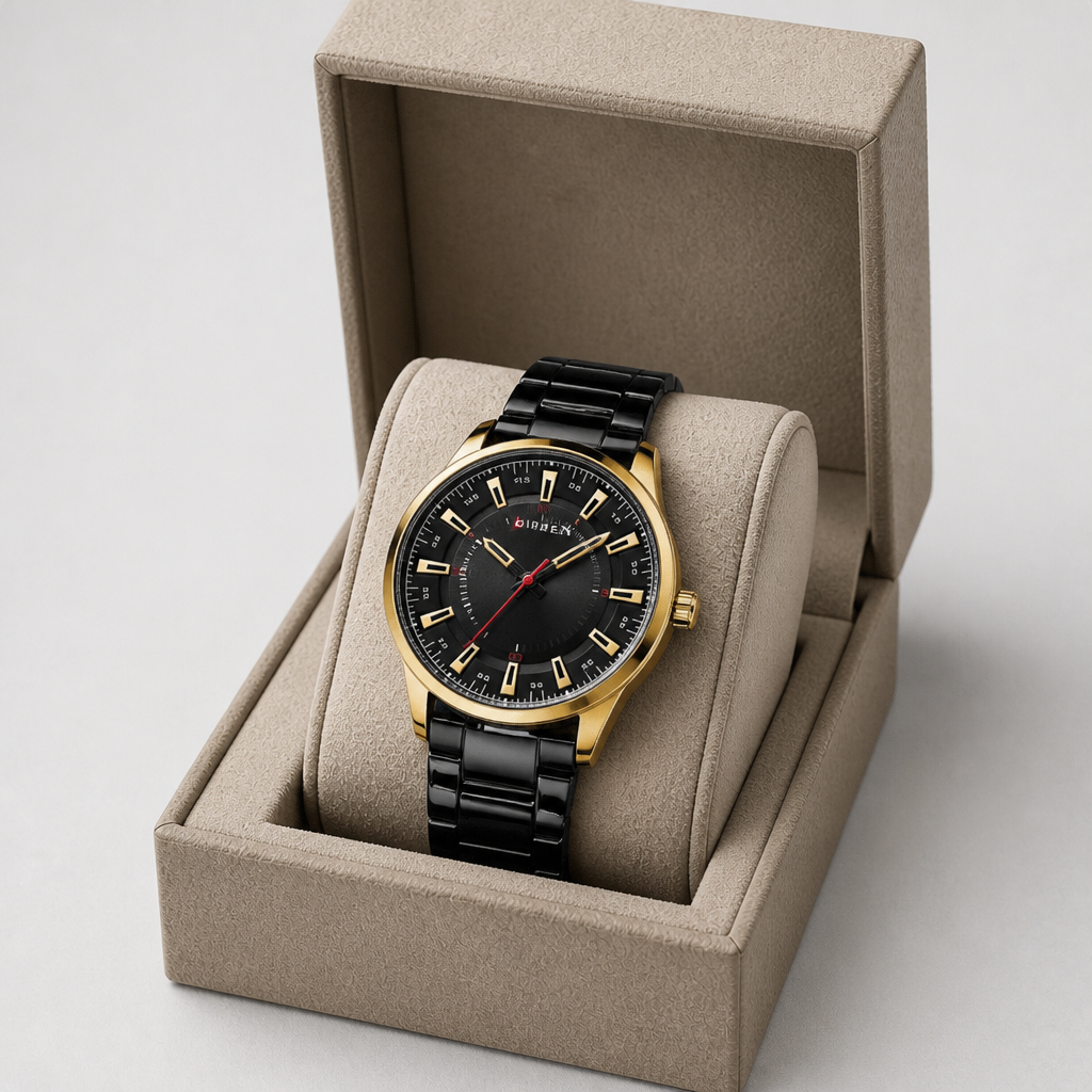 Montre noir homme en acier à lunette dorée dans son écrin La Boutique Des Hommes