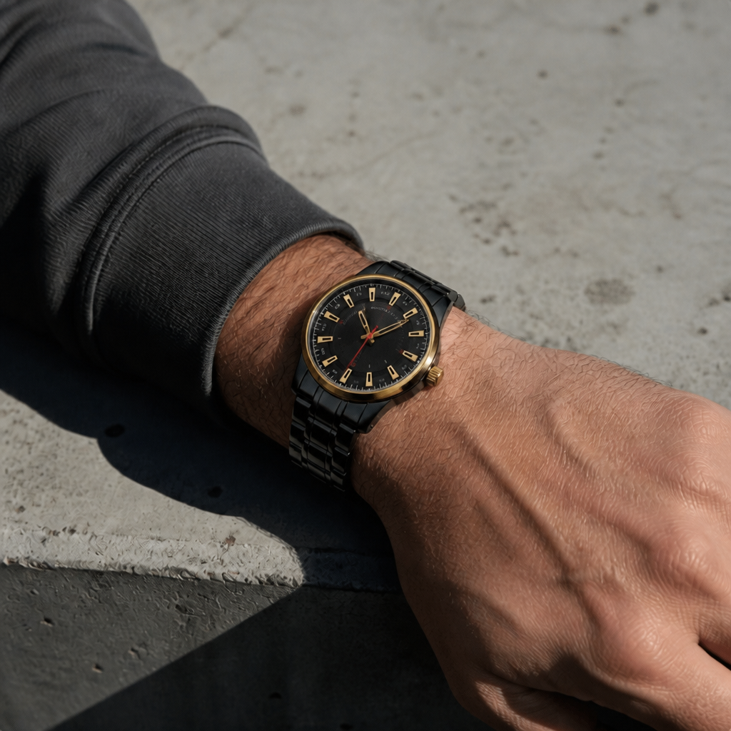 Montre noir homme en acier à lunette et index dorés portée au poignet