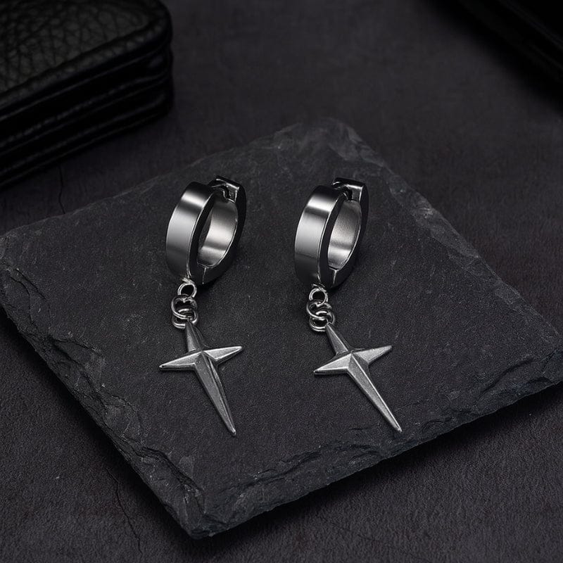 Paire boucles d'oreilles pendantes homme croix argent acier inoxydable