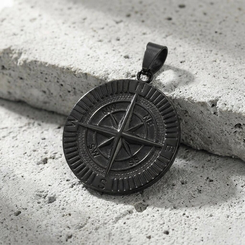collier boussole homme noir pendentif original acier