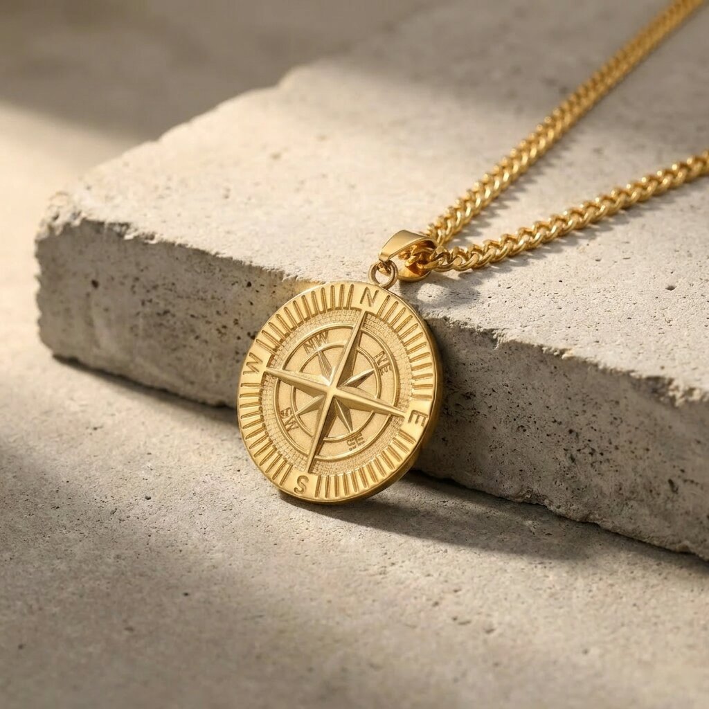 collier pendentif boussole homme acier inoxydable doré