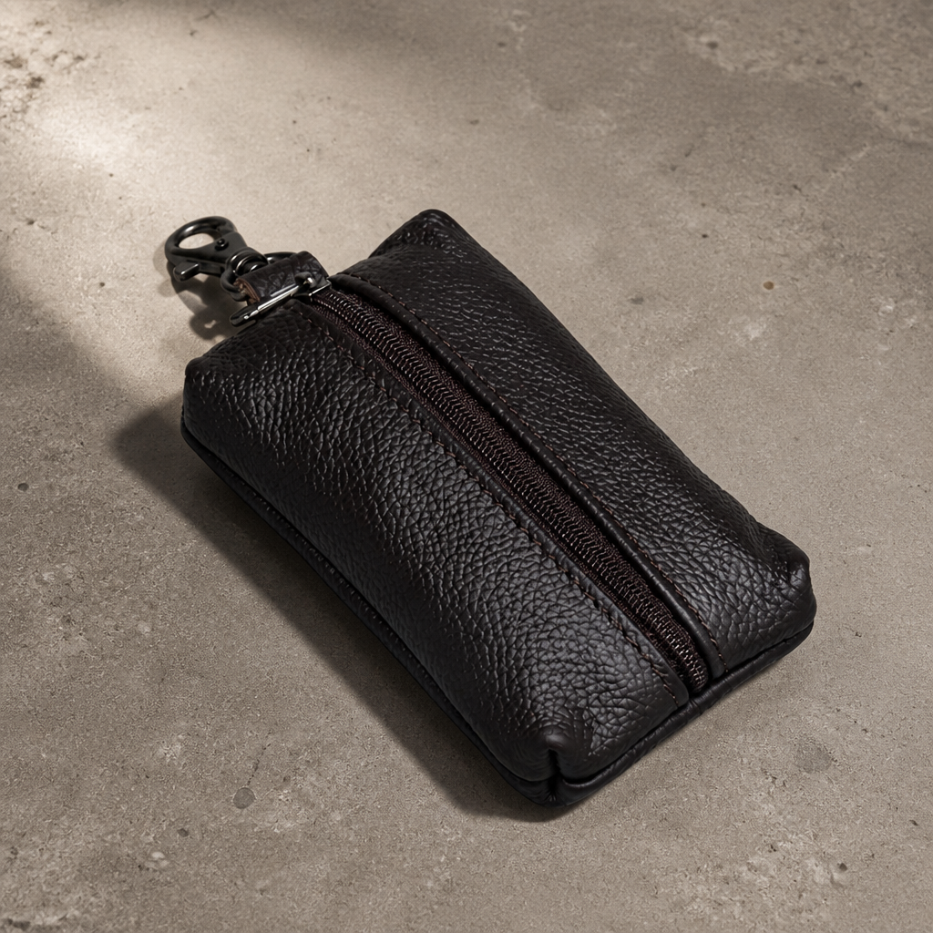 Petit porte-monnaie homme zippé noir avec anneau porte-clés