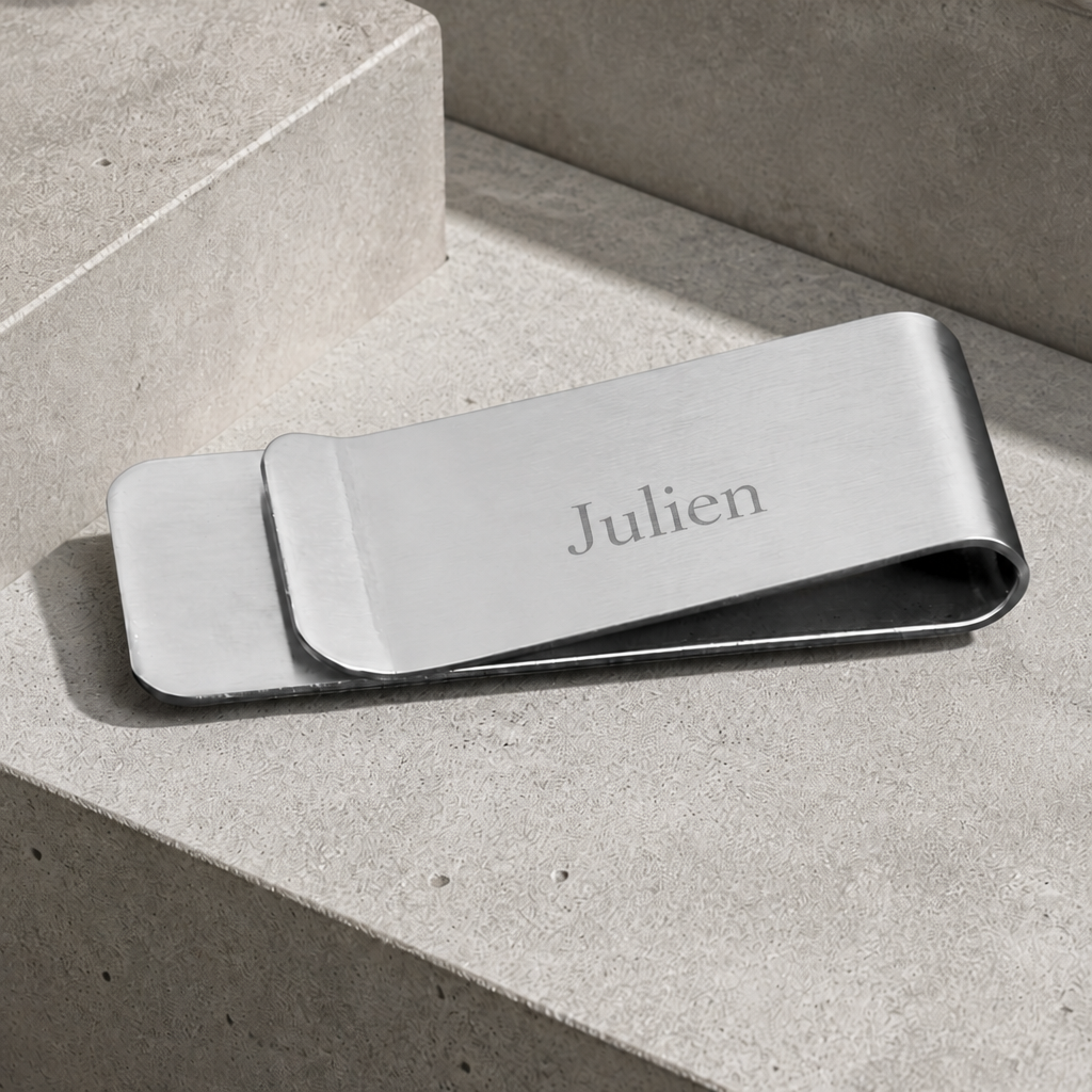 Exemple de personnalisation : prénom Julien gravé au laser sur la pince à billets argent