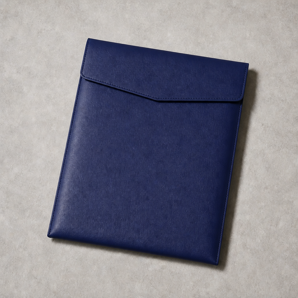 Pochette porte-document A4 en simili cuir bleu marine, rabat enveloppe fermé