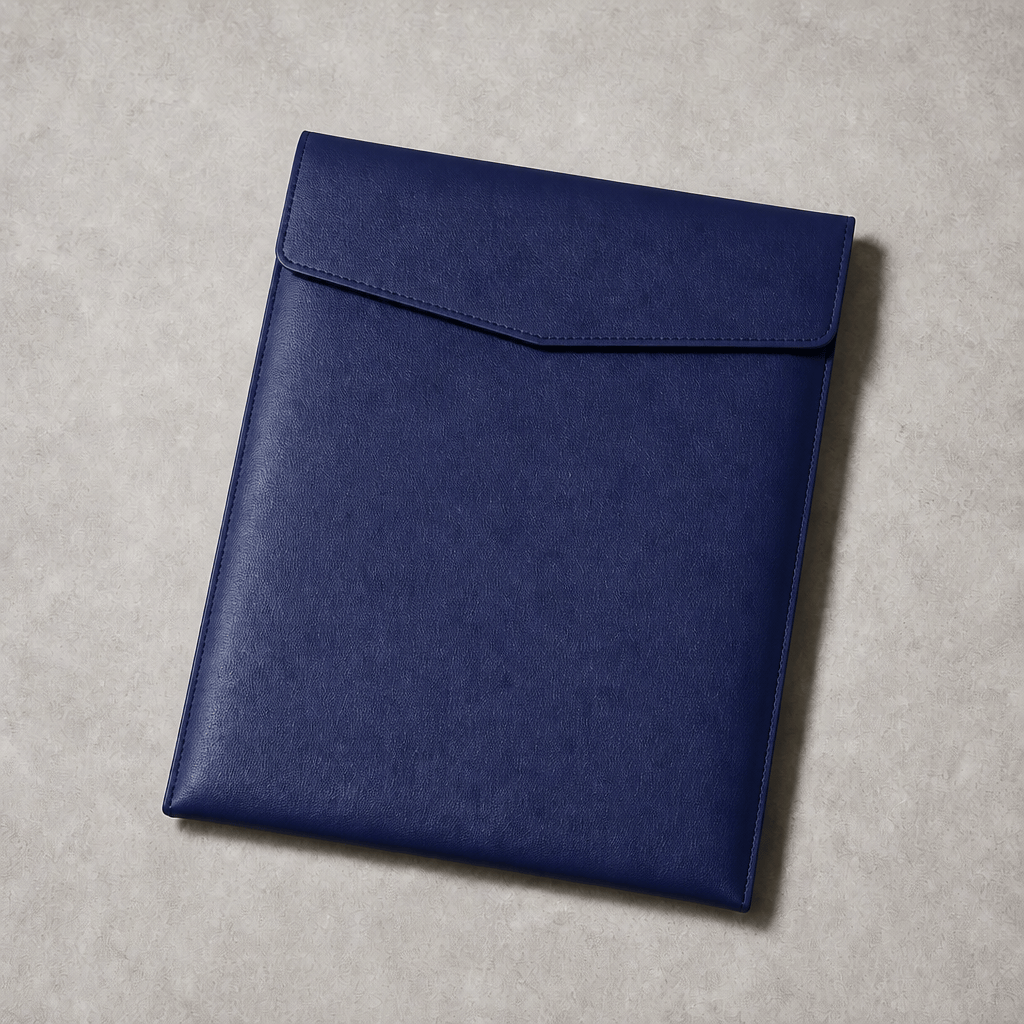 Pochette porte-document A4 en simili cuir bleu marine, rabat enveloppe fermé