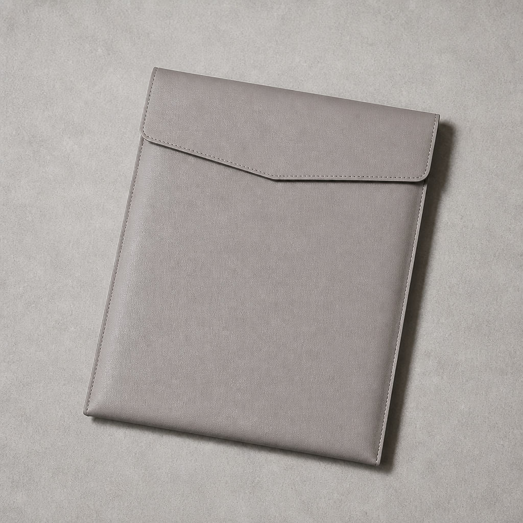 Pochette porte-document A4 en simili cuir gris, rabat enveloppe fermé