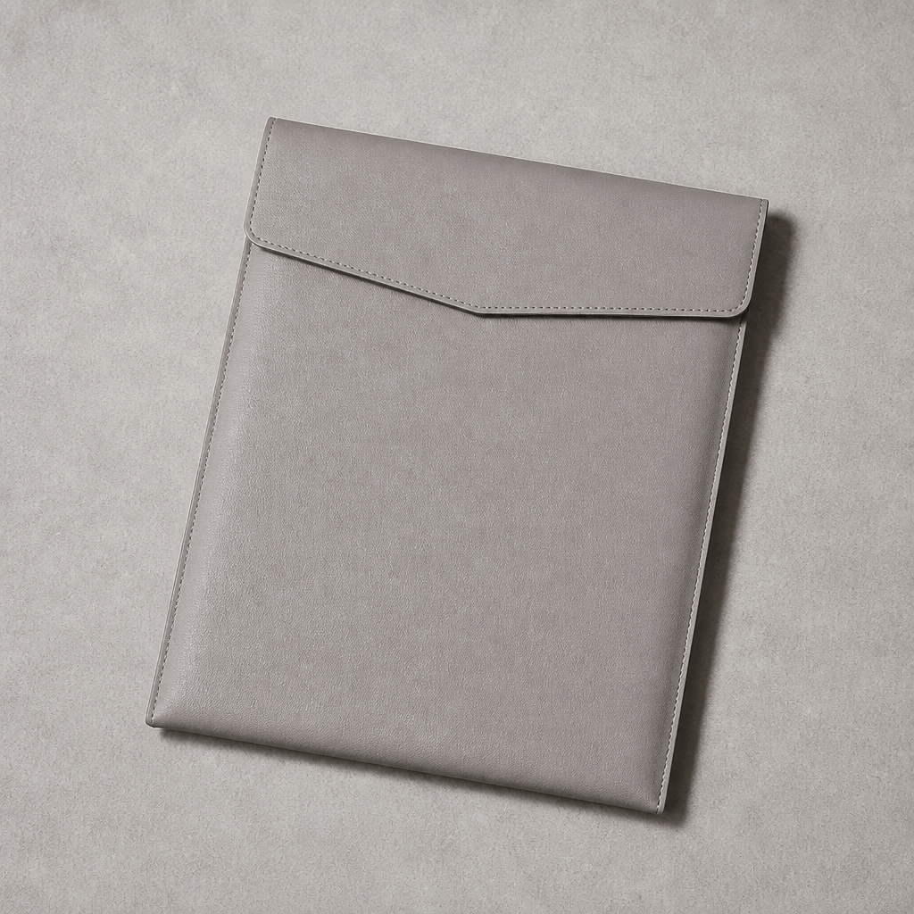 Pochette porte-document A4 en simili cuir gris, rabat enveloppe fermé