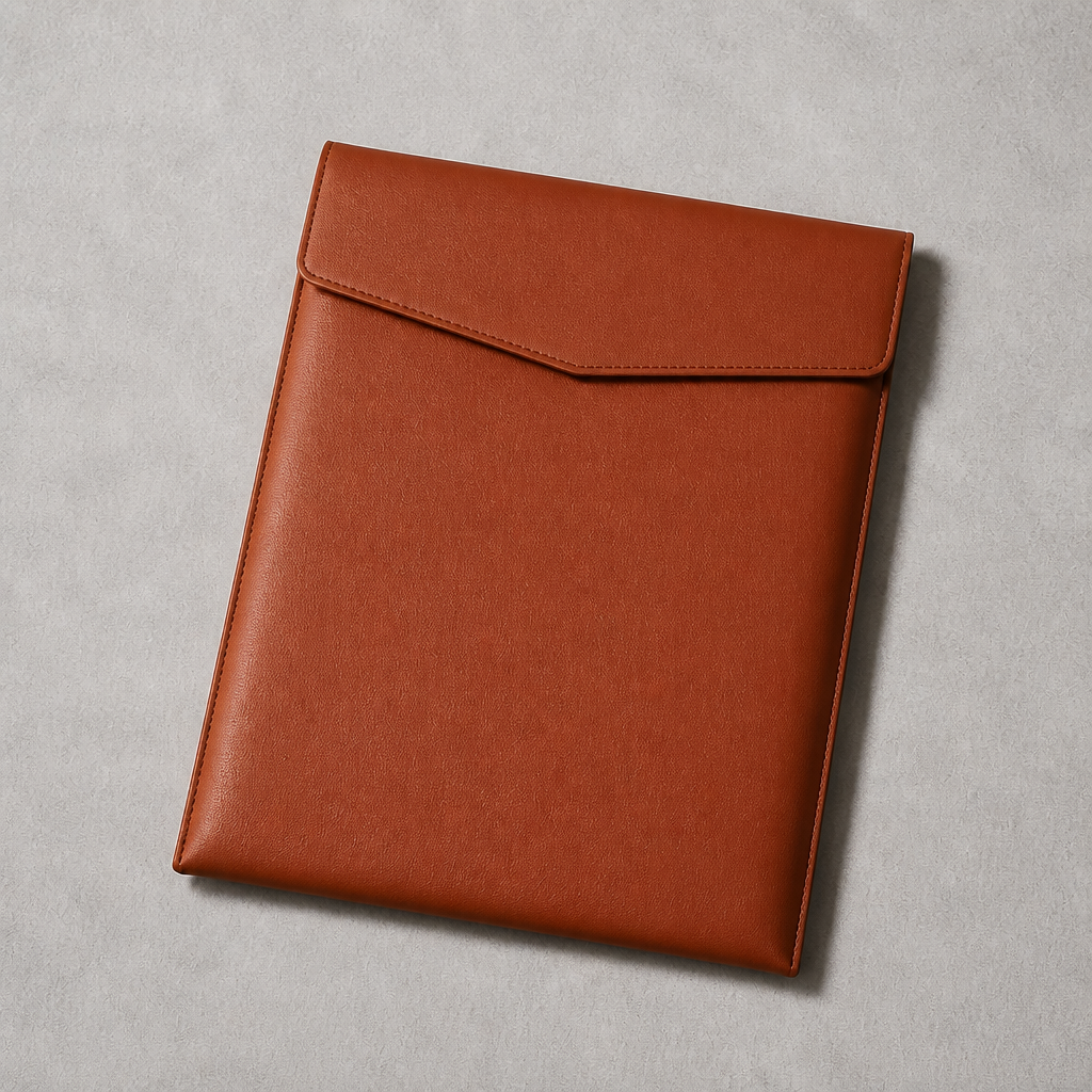 Pochette porte-document A4 en simili cuir marron, rabat enveloppe fermé