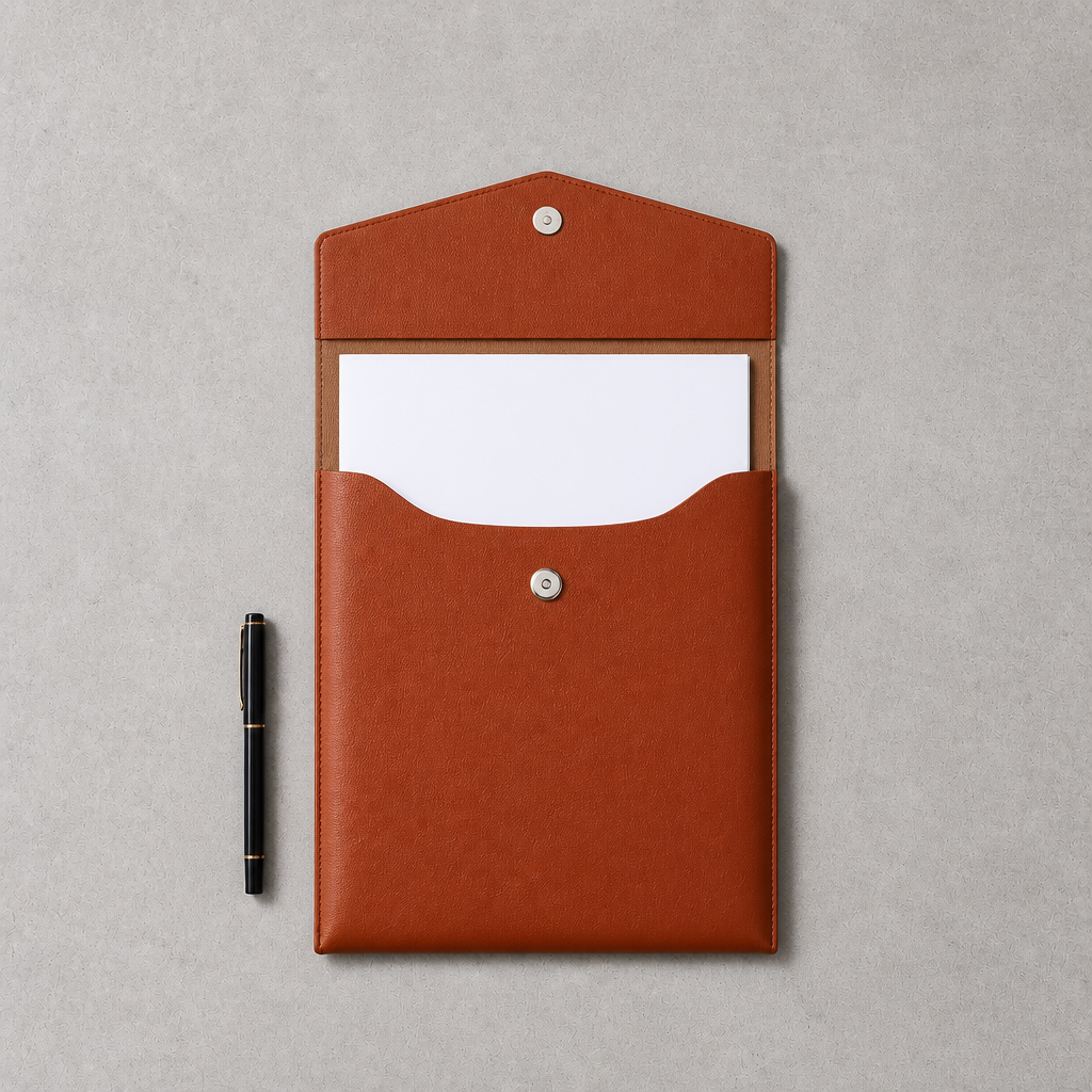 Pochette porte-document A4 marron posée ouverte sur un bureau, feuille A4 glissée dans l'encoche