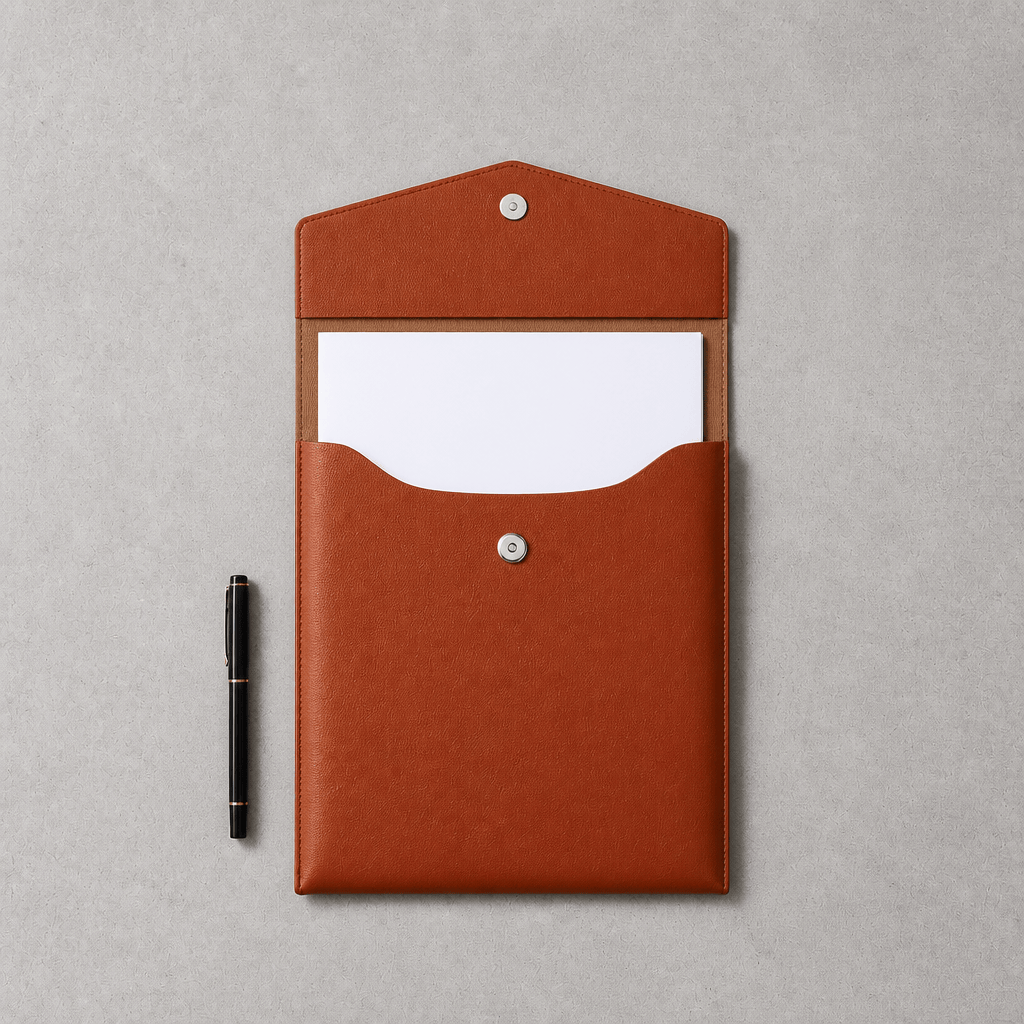 Pochette porte-document A4 marron posée ouverte sur un bureau, feuille A4 glissée dans l'encoche