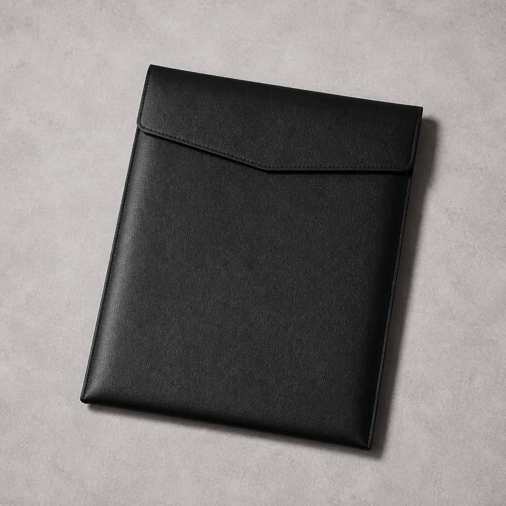 Pochette porte-document A4 en simili cuir noir, rabat enveloppe fermé