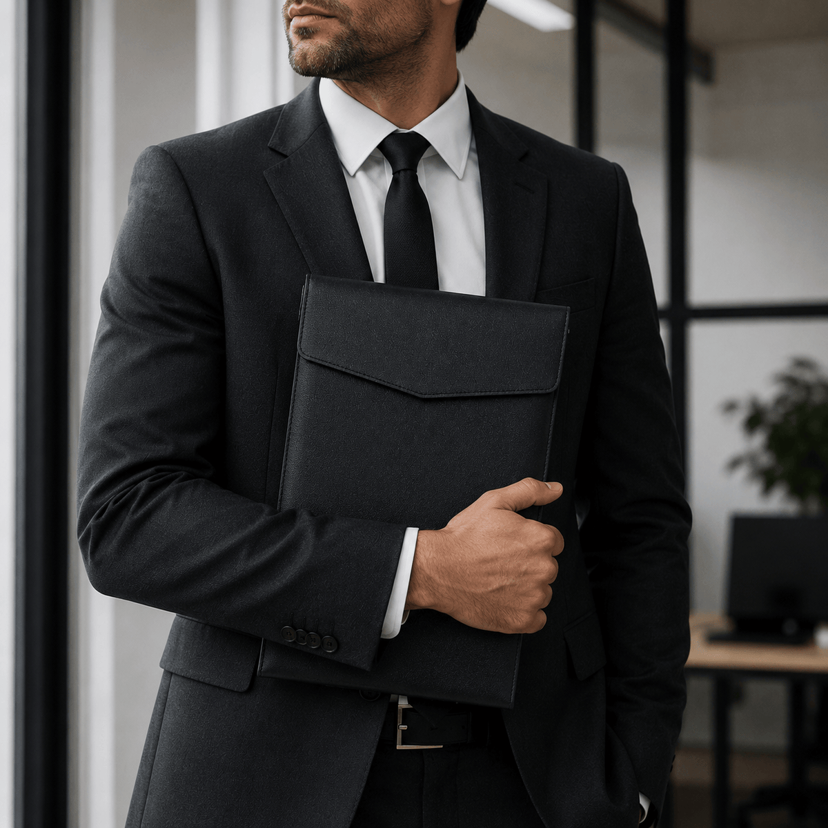 Homme en costume tenant sous le bras une pochette porte-document A4 en simili cuir noir, rabat fermé
