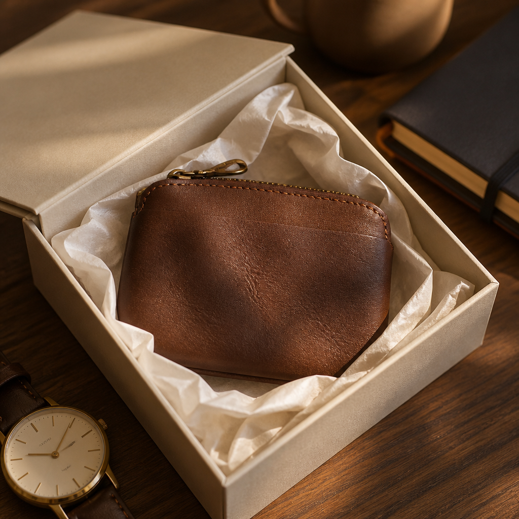 Pochette porte-monnaie homme marron présentée en coffret cadeau