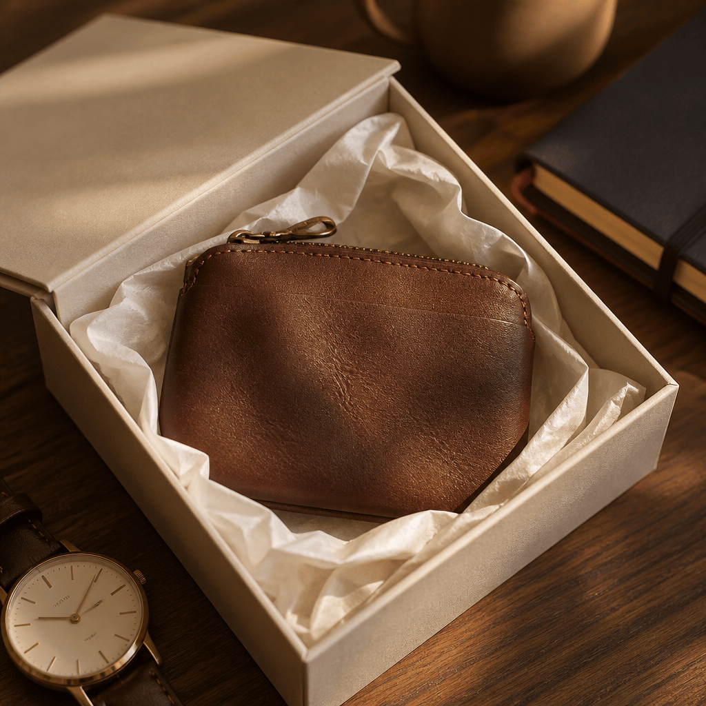 Pochette porte-monnaie homme marron présentée en coffret cadeau