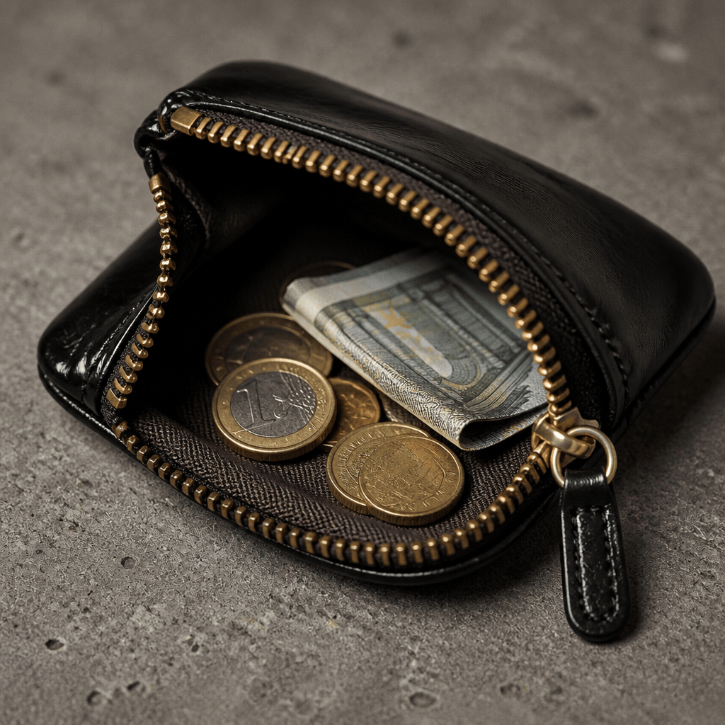 Intérieur de la pochette porte-monnaie noire avec pièces en euros (visuel illustratif)