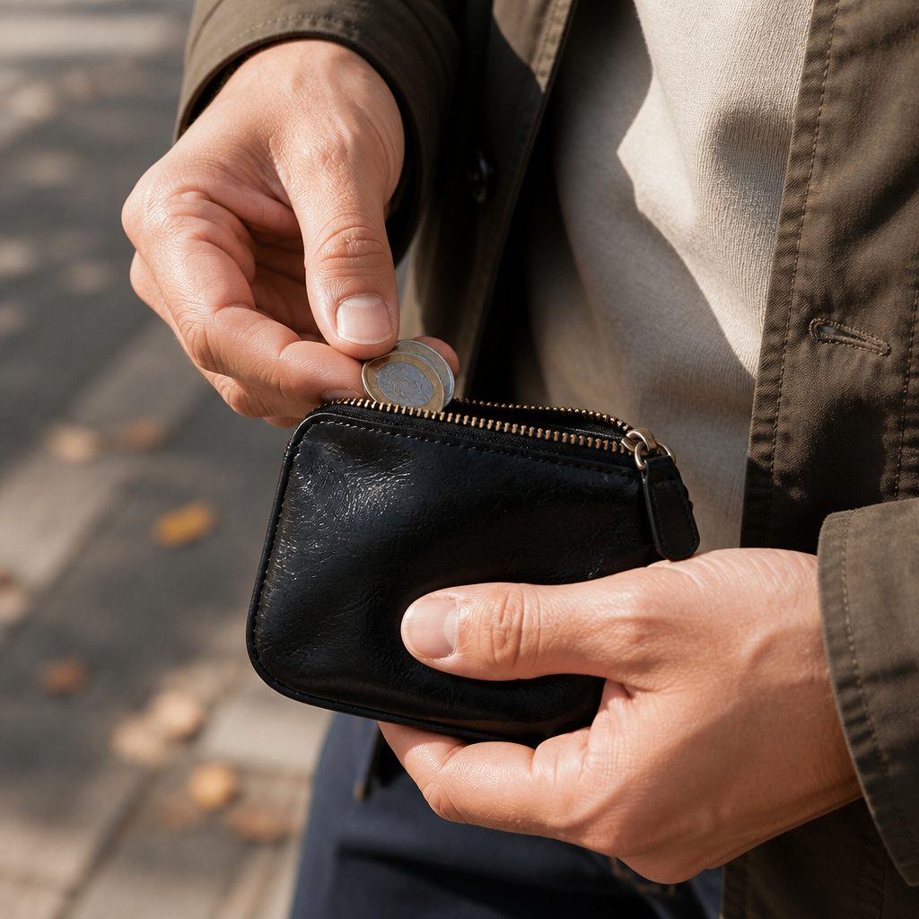 Homme utilisant sa pochette porte-monnaie noire au quotidien
