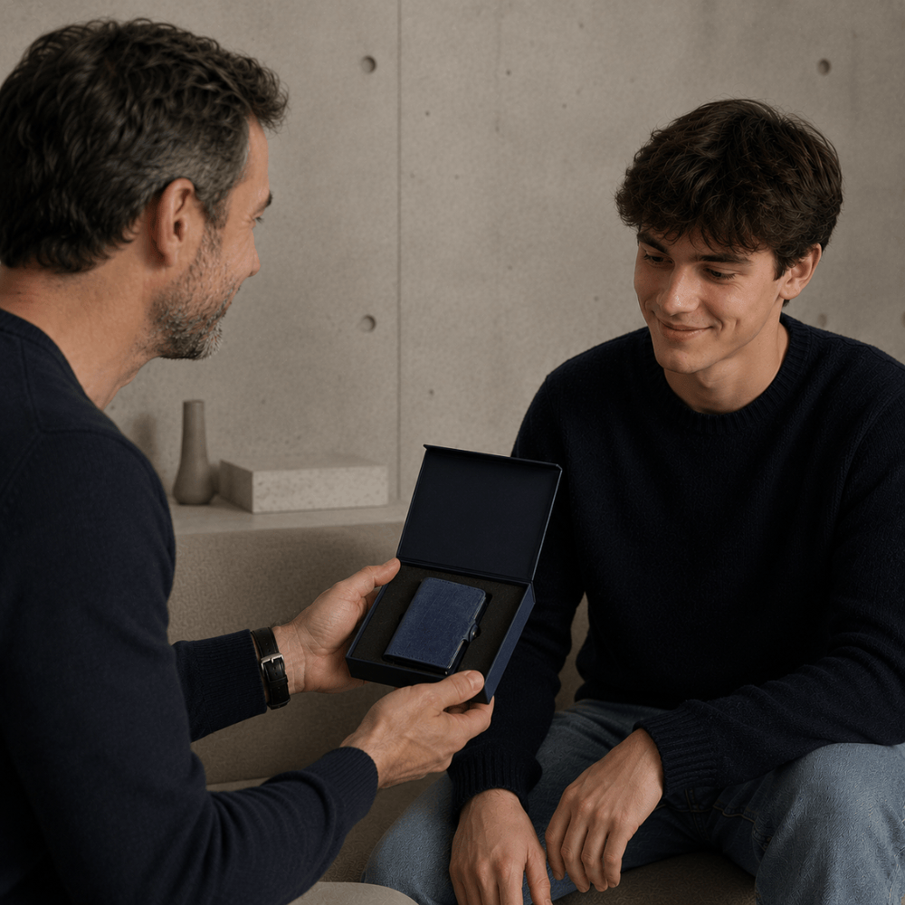 Coffret cadeau porte-cartes homme aluminium façon jean