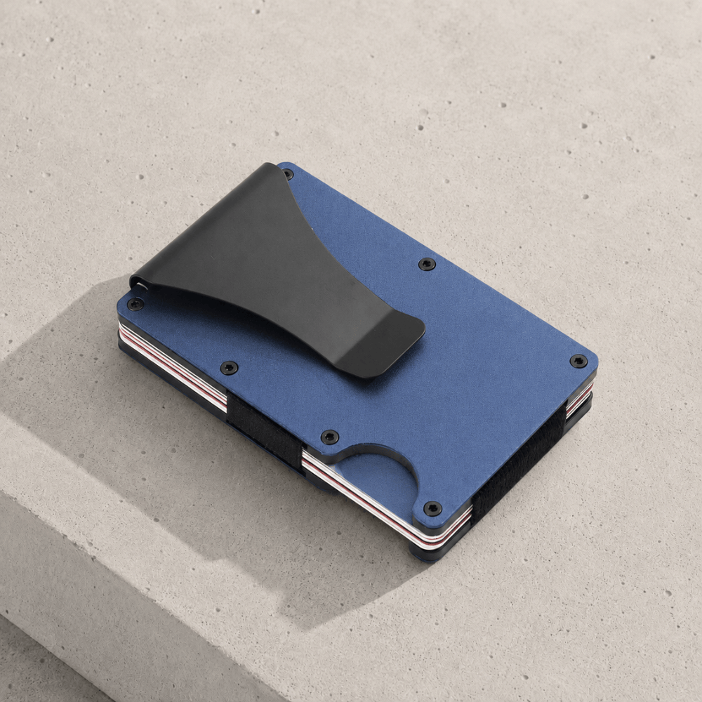 porte-cartes homme aluminium bleu à pince à billets RFID
