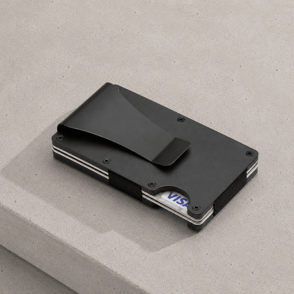 porte-cartes homme aluminium noir à pince à billets anti-RFID