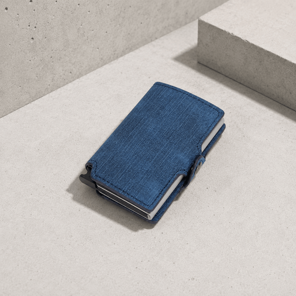 Porte-cartes homme aluminium RFID façon jean bleu