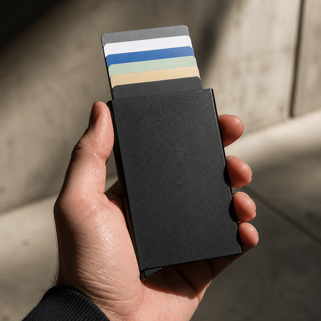 porte-cartes homme RFID aluminium noir tenu en main