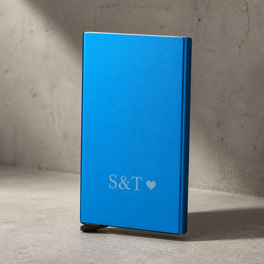 porte-cartes homme aluminium bleu RFID grave monogramme